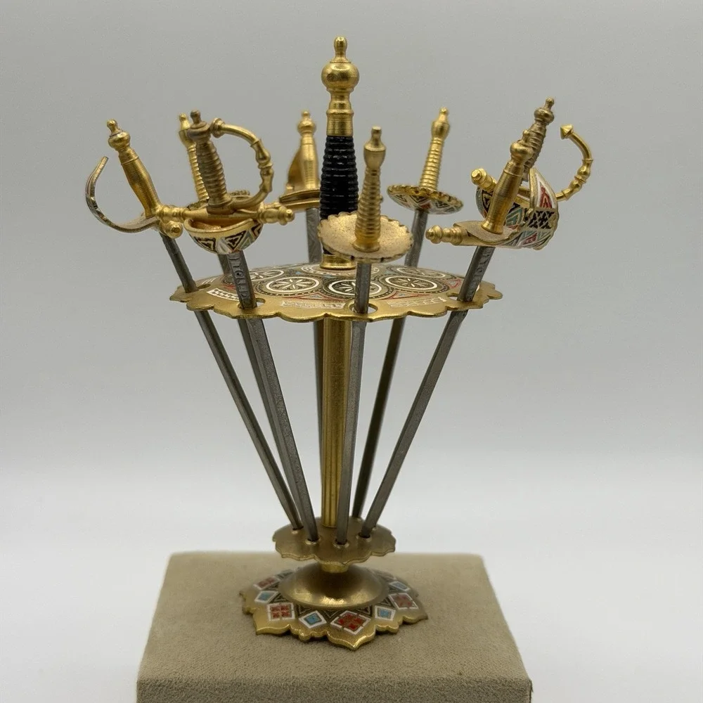 Vintage Toledo Sword Cocktail Toothpick Stand w/ 8 Swords Vintage Gold Spain